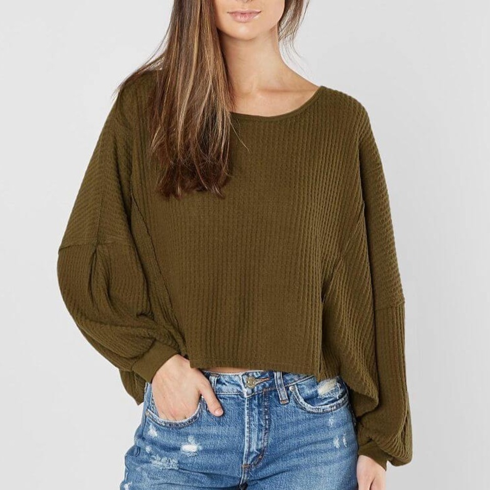 Free People Tobacco Brown Love Me Thermal Open Back Long Sleeve Shirt Top Sz MD